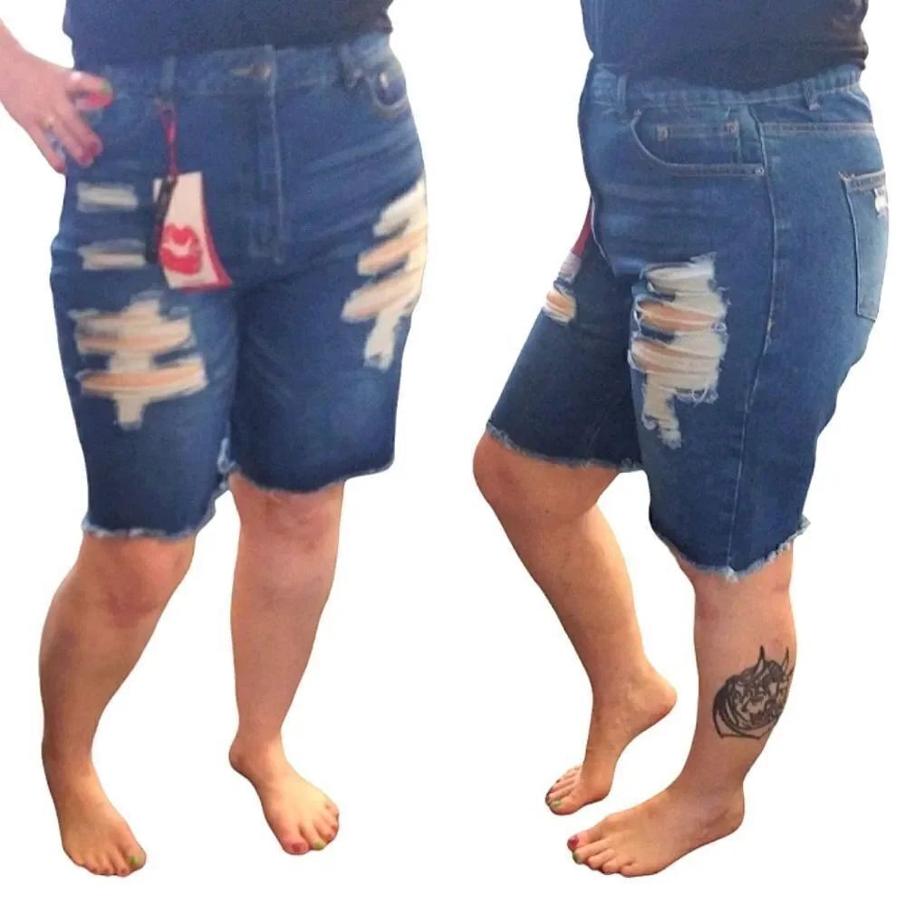 Hot Kiss Highest Rise Ripped  Bermuda Blue Jean Shorts Size 15 NWT